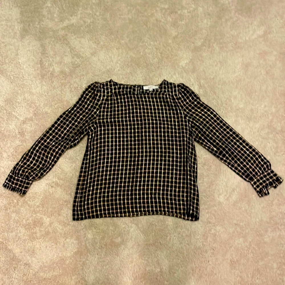 Medium Navy/Tan/Gold Square Pattern LOFT Long Sleeve Shirt, Worn <5 Times
